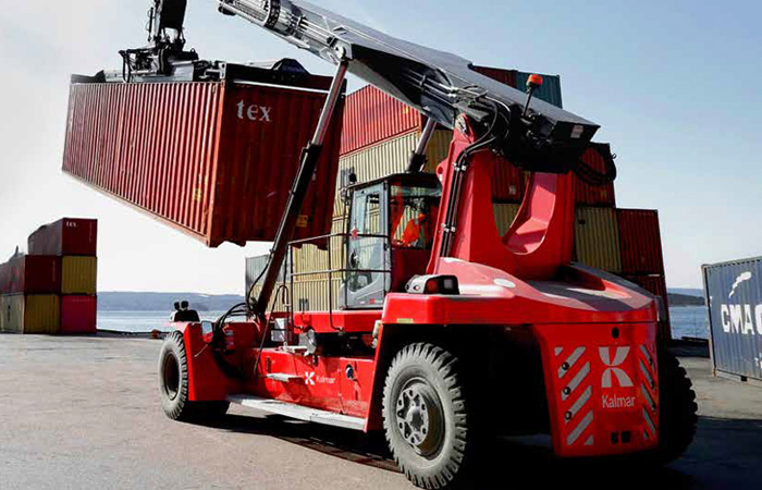 Kalmar container handler holding a shipping container