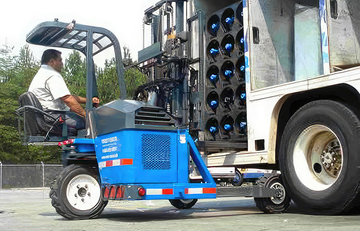 Princeston piggyback truck-mounted forklift getting bottles of water off truck