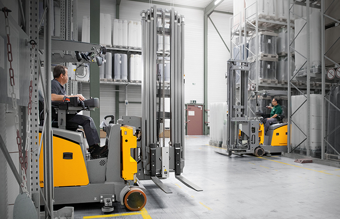 Jungheinrich narrow aisle forklifts in warehouse aisles