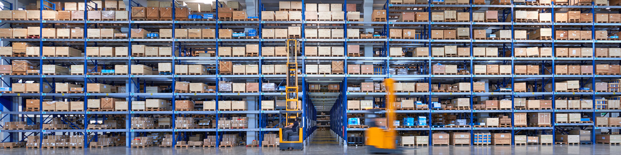 Two forklifts in front of pallet rack