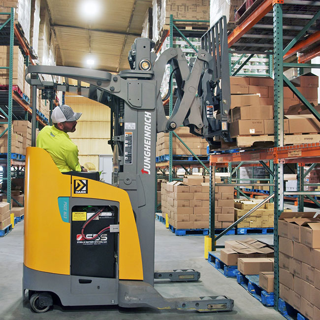 narrow aisle forklift in aisle