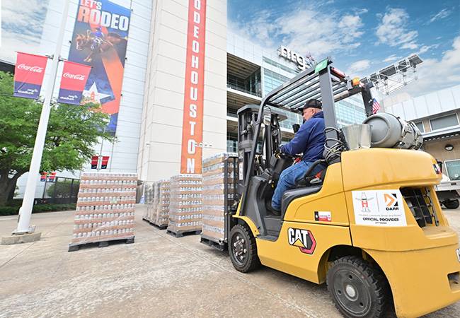 Cat forklift in front of Houston Rodeo